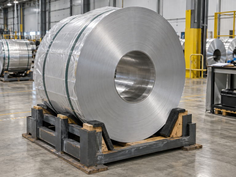 Aluminum coil storage on a stable padded warehouse cradle