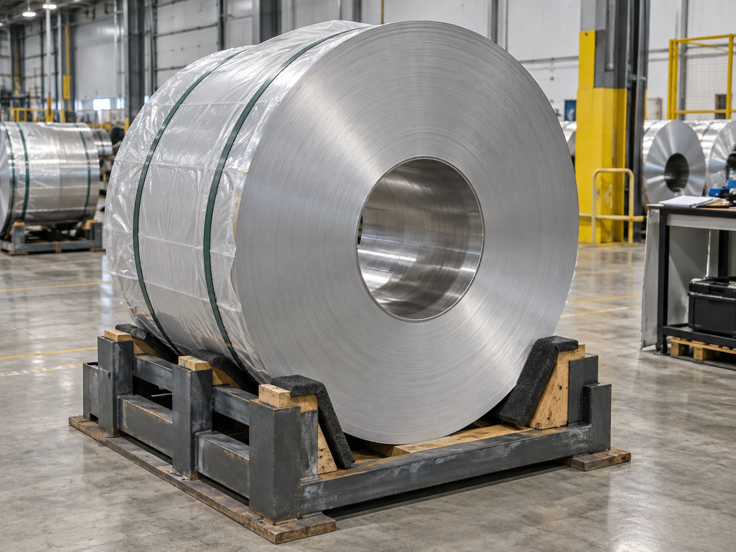 Aluminum coil storage on a stable padded warehouse cradle