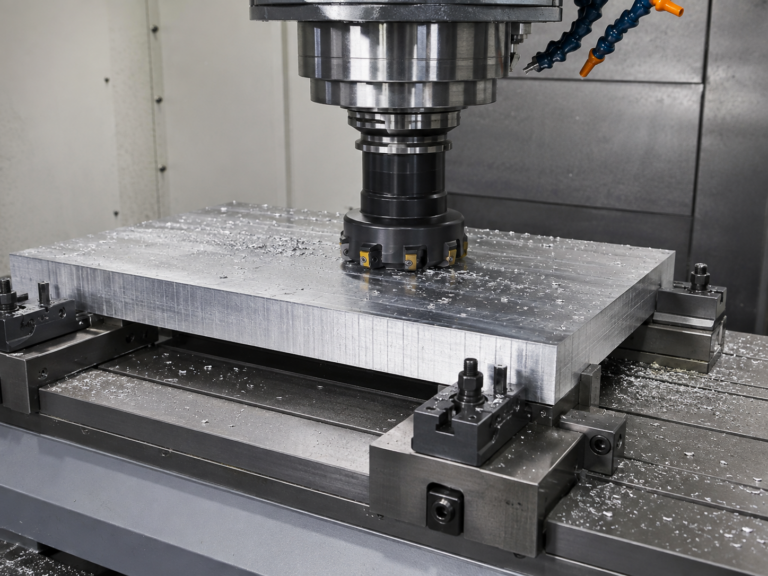 CNC face milling an aluminum plate with machining allowance