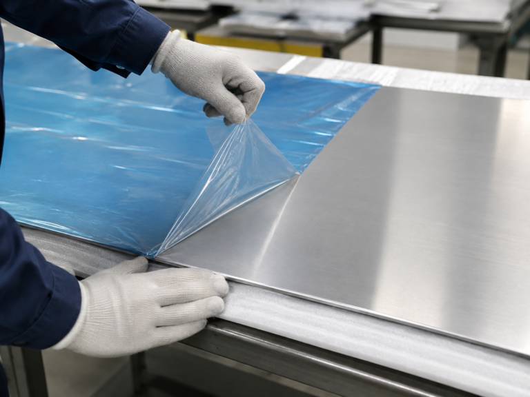 Protective film being removed from finished aluminum sheet